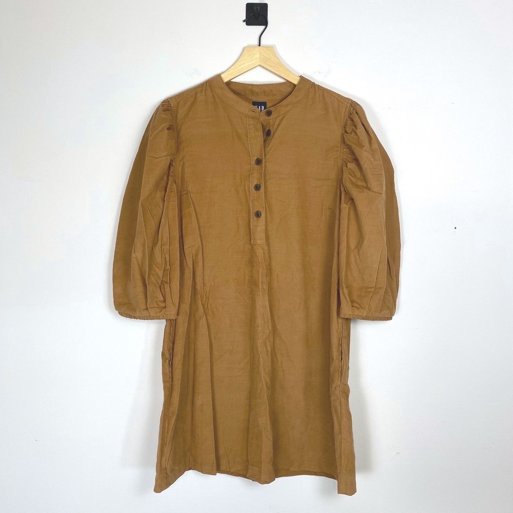 GAP Corduroy Button Up Dress Long Sleeve Pockets Brown Size Medium Puff Sleeve - Picture 2 of 7
